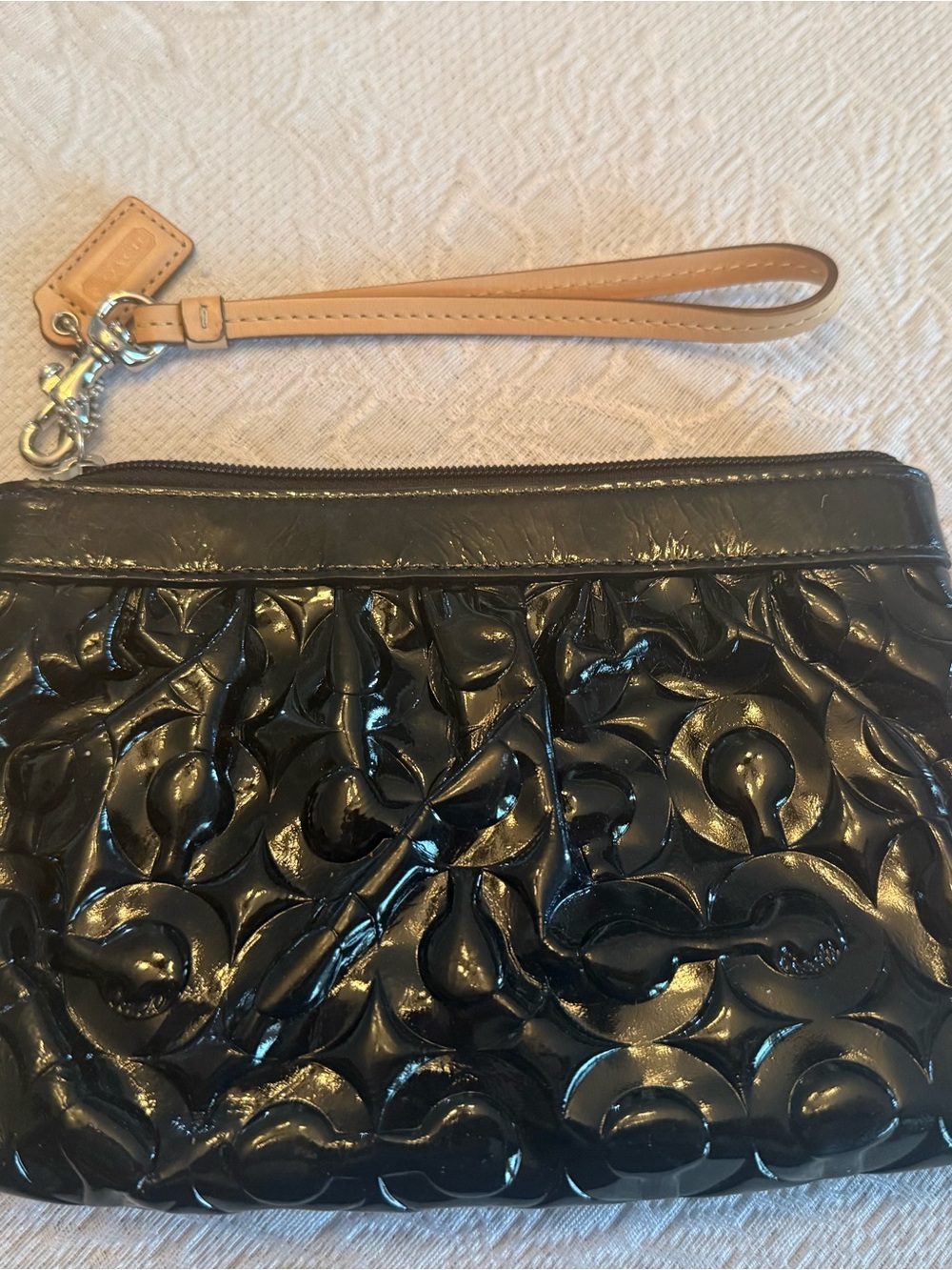 Coach Black Patent Wristlet with Tan Strap